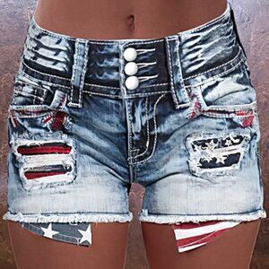 FLAMINGALS American Flag Patched Button Fly Cut Out Denim Shorts XL BNWT